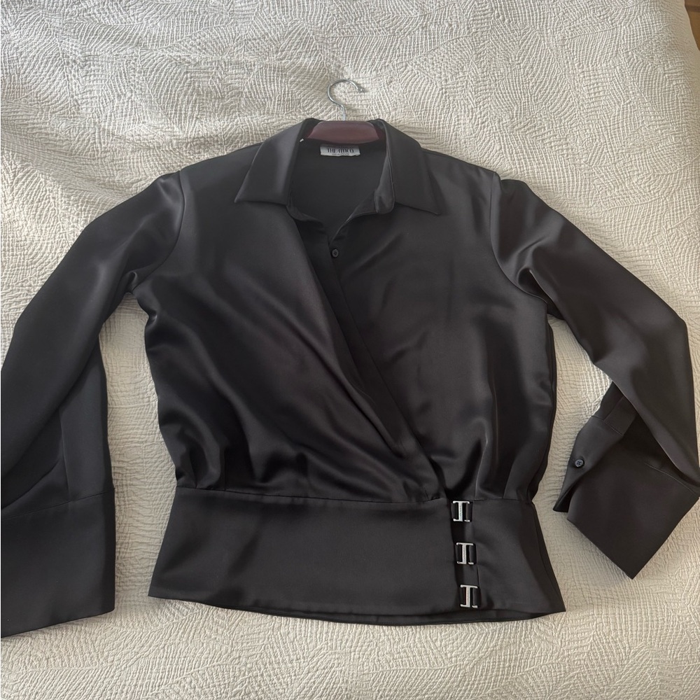 The Attico Black Satin Blouse with Buckle Accent
